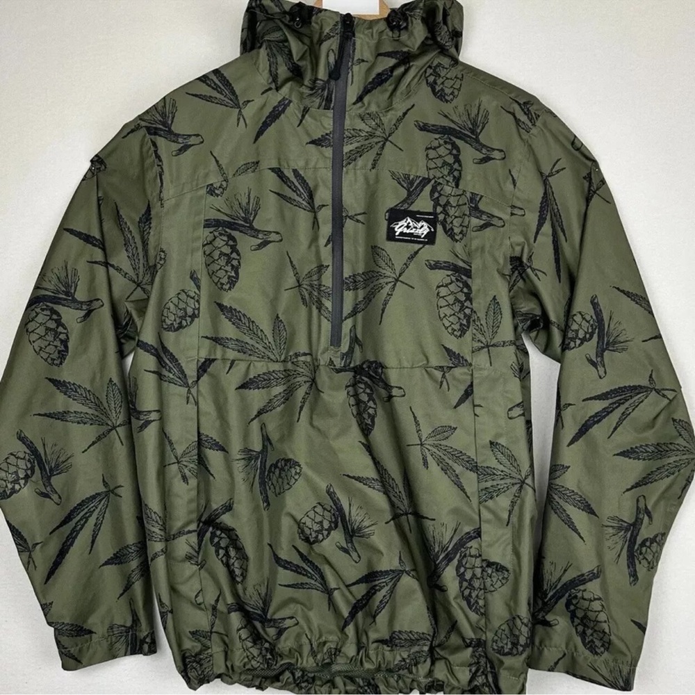 Retro 90s Grizzly Griptape Windbreaker Small Green AOP Half Zip Hooded Jacket
